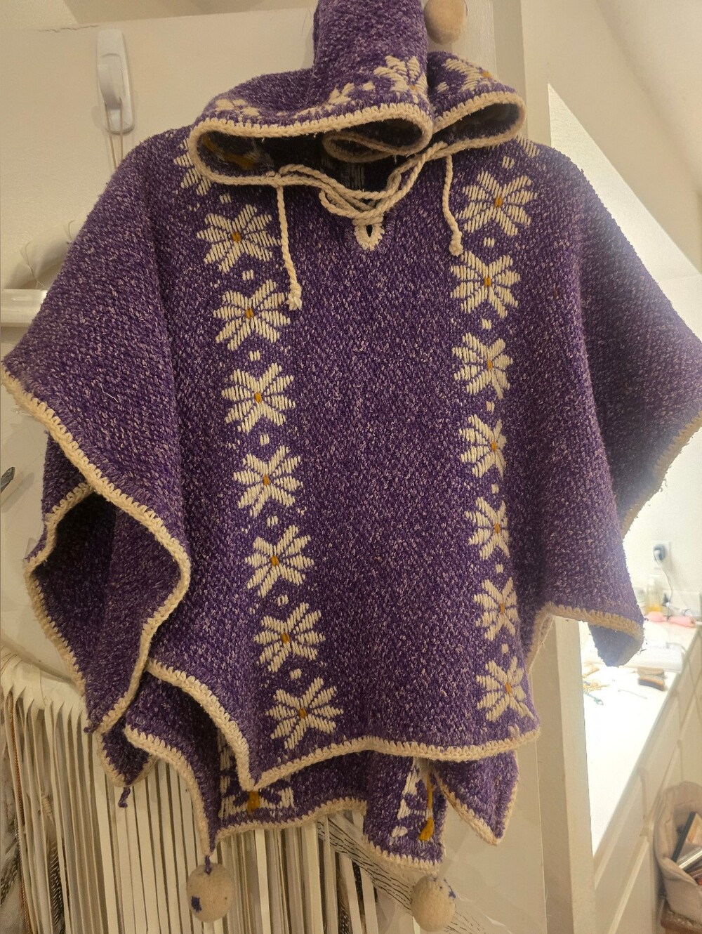 Native Purple Hooded Poncho Sweater with Cream Trim